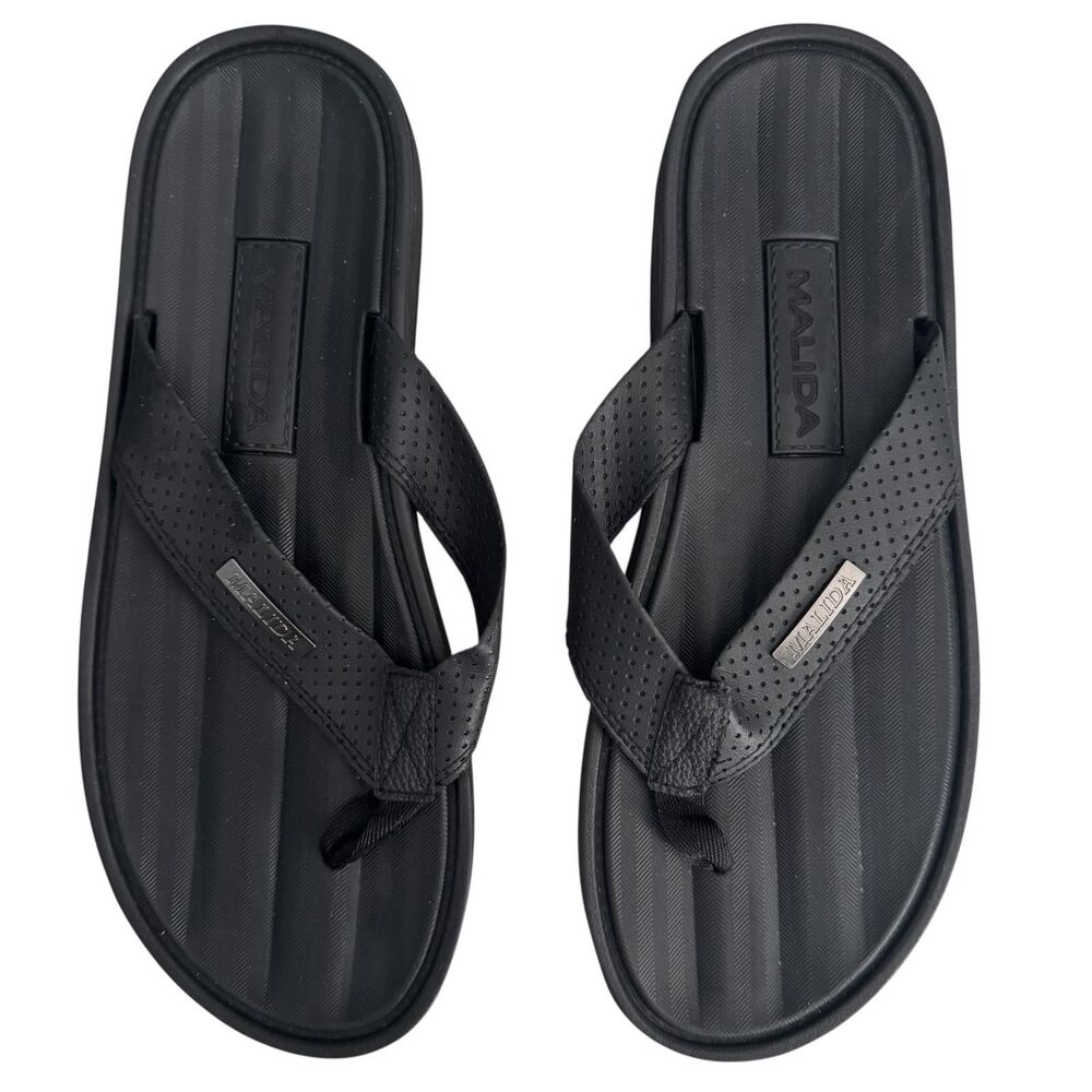 MALIDA Sandals Mens Size 12 Black Thong Flip Flops Comfort Beach Shoes